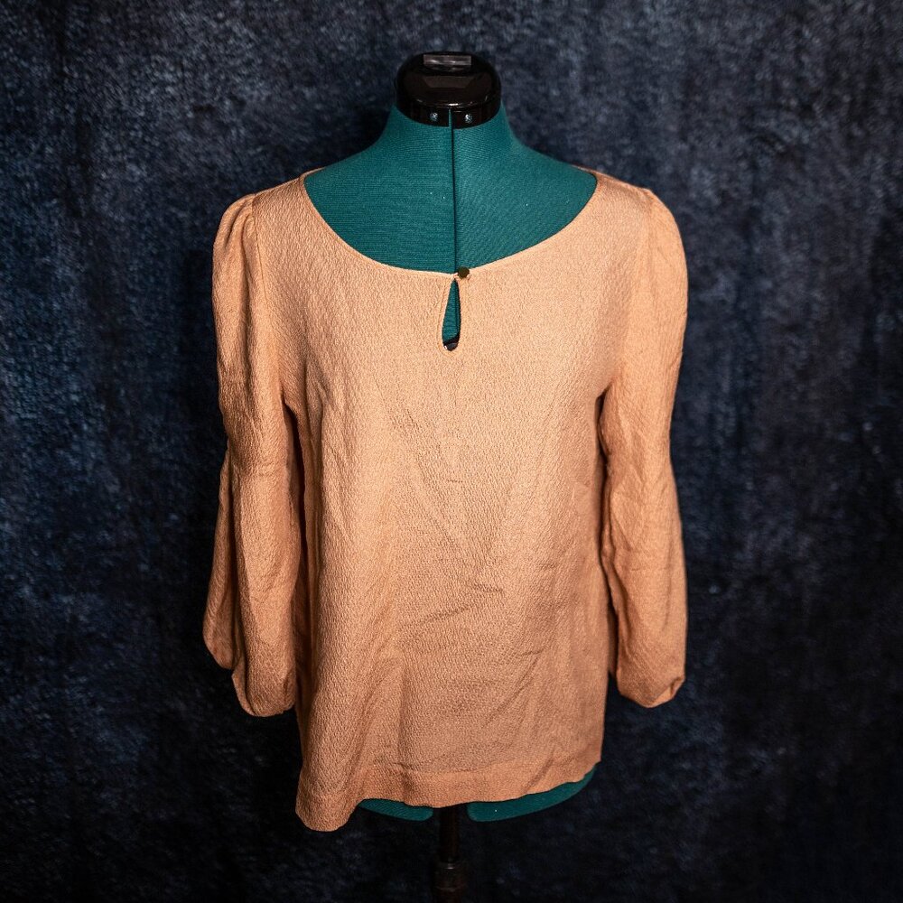CLEARANCE J.Crew 100% Silk Textured Blouse | Tan Keyhole Long Sleeve | Size 10